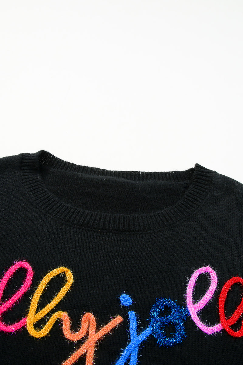 White Glitter Merry & Bright Round Neck Knit Sweater