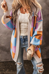 Orange Checkered Drop Shoulder Exposed Seam Open Front Cardigan