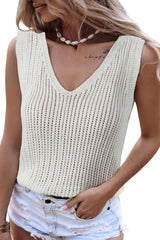 White Hollowed Knit V Neck Tank Top