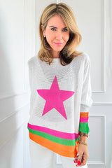 White Star Pattern Colorblock Drop Shoulder Lightweight Sweater