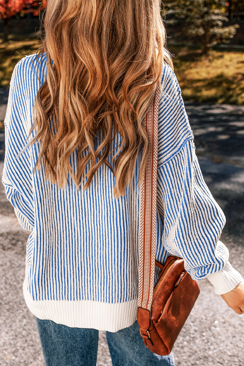 Dark Blue Striped Contrast Trim Loose Sweater