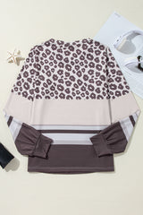 Brown Leopard Striped Color Block Long Sleeve Top