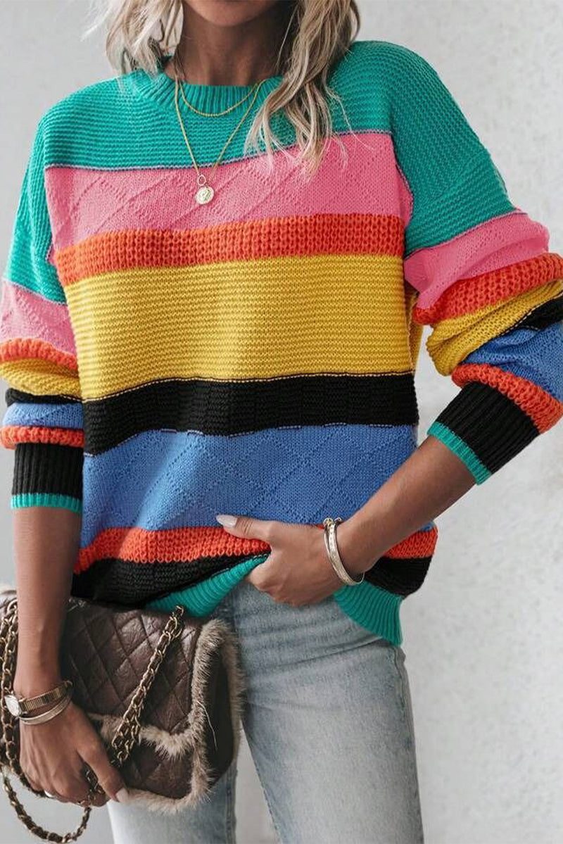 Light Blue Colorblock Drop Shoulder Crew Neck Sweater