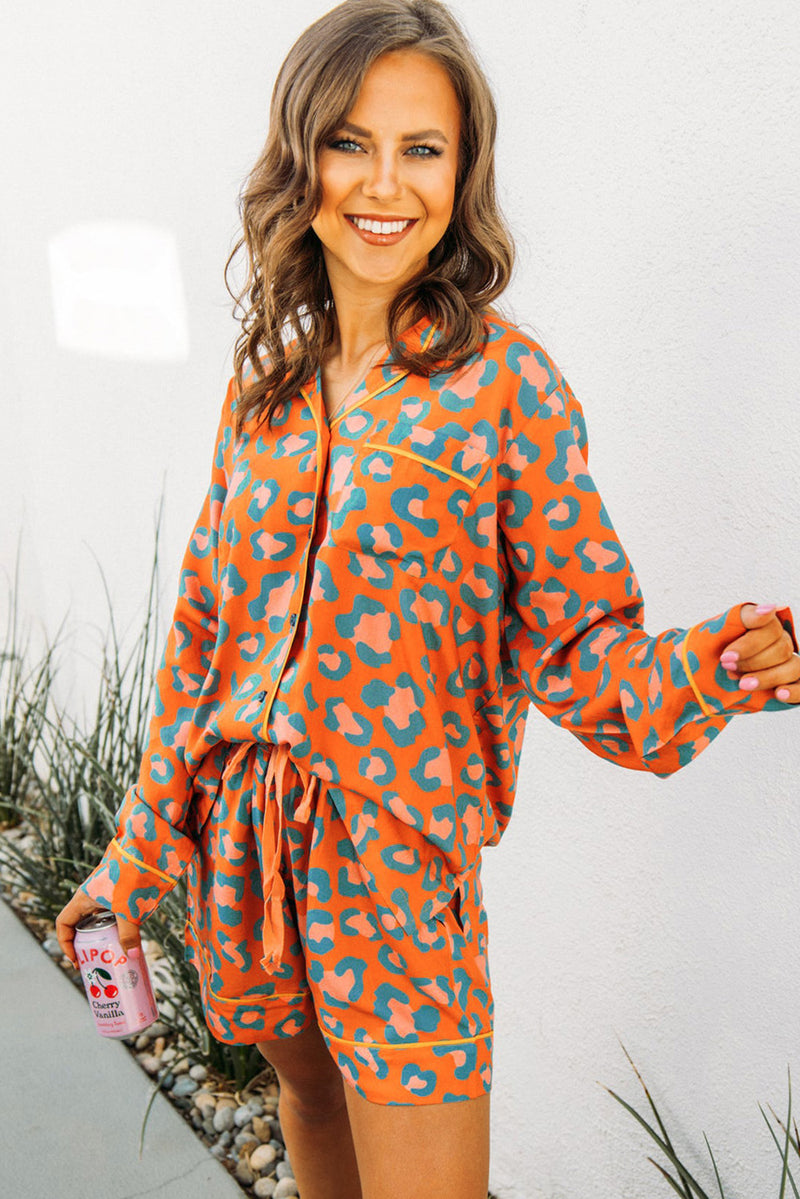 Orange Leopard Print Long Sleeve Shirt and Shorts Pajama Set