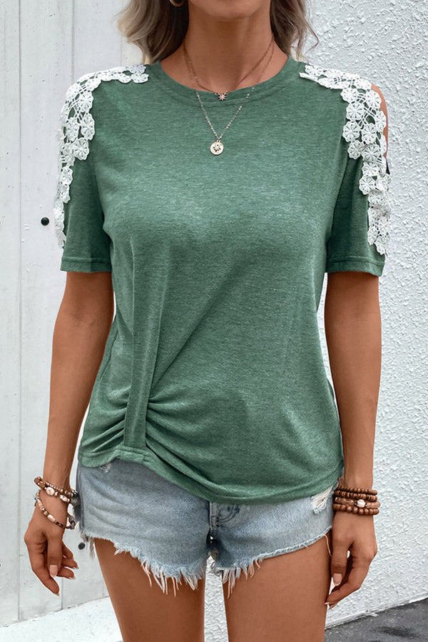 Green Lace Applique Cold Shoulder Ruched T-shirt