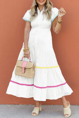 Wholesale White High Waist Short Sleeve Tiered Shirt Dress