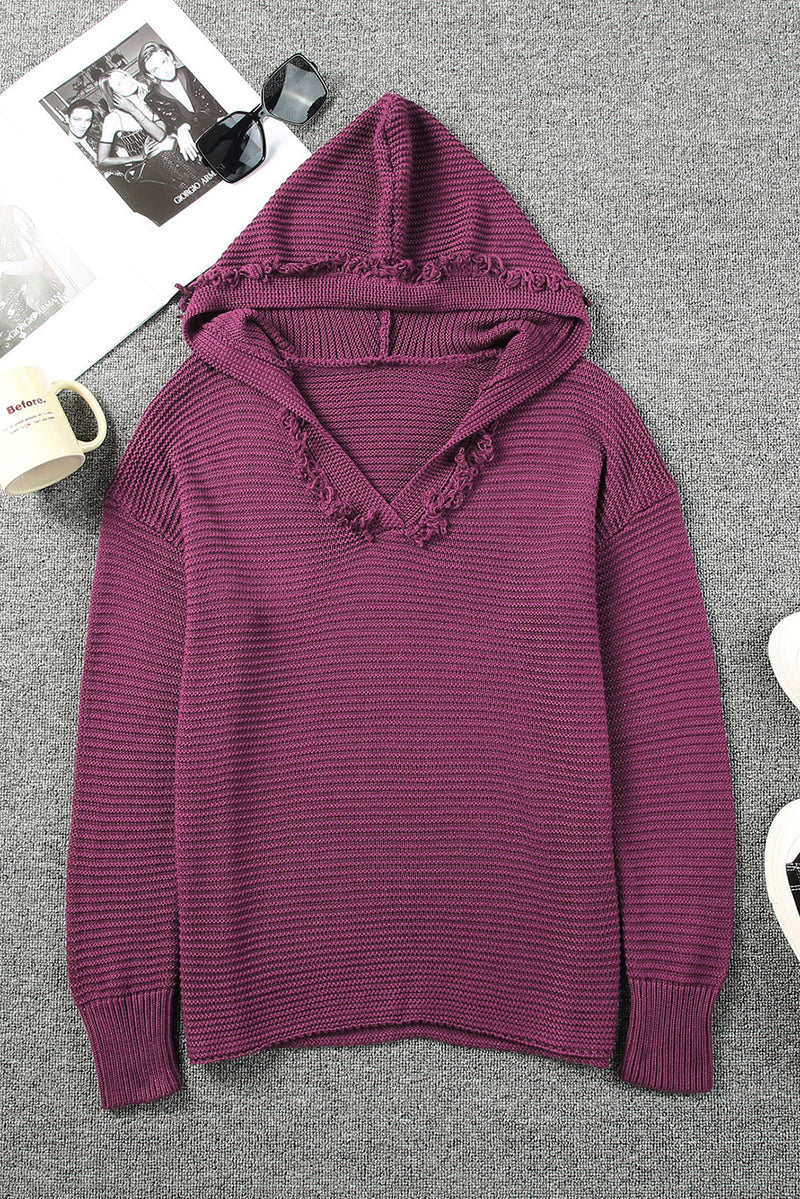 Purple Split V Neck Pullover Knit Sweater Hoodie