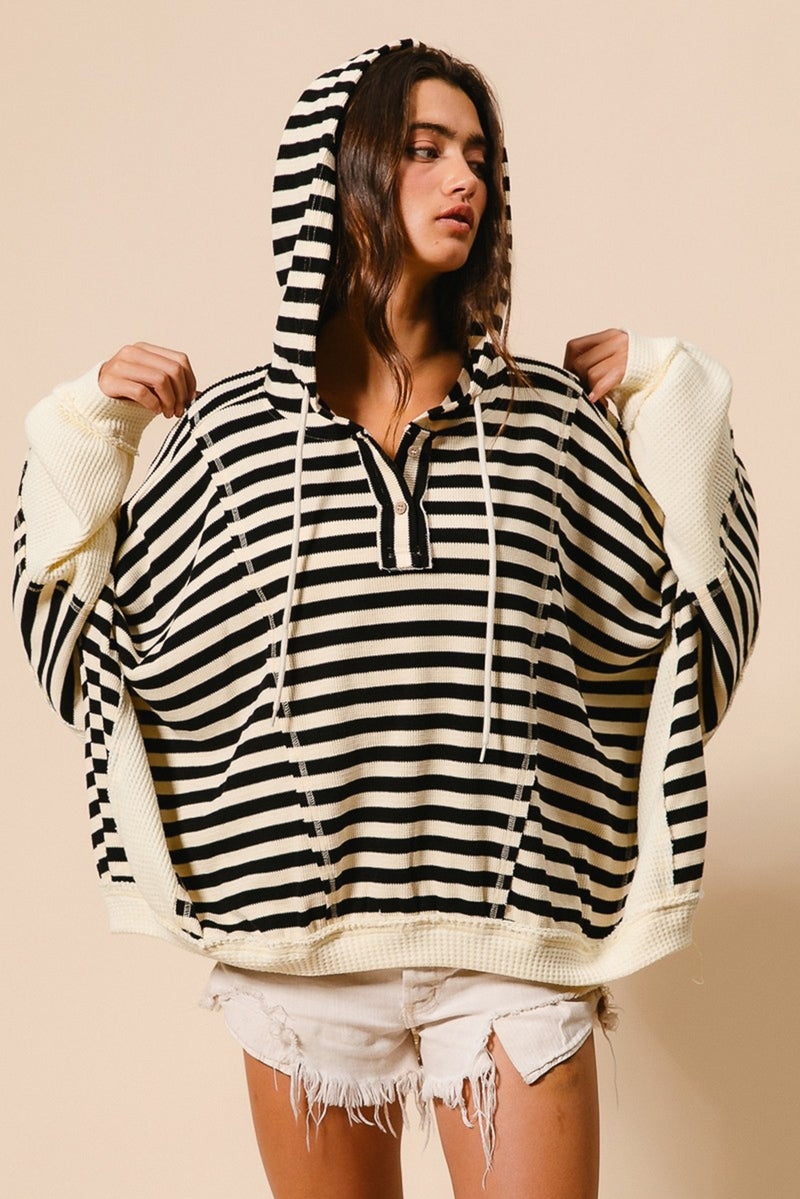 Black White Striped Waffle Patchwork Baggy Hooded Top