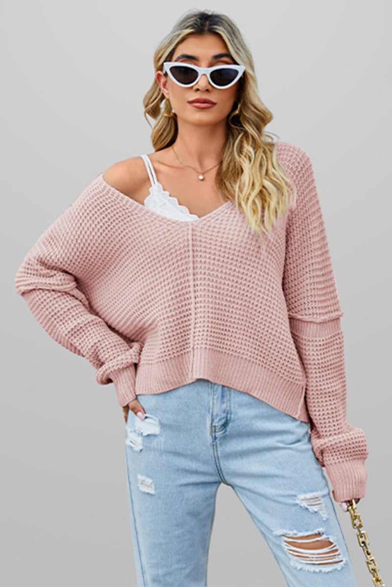 Light Pink Plain Waffle Knit V Neck Sweater