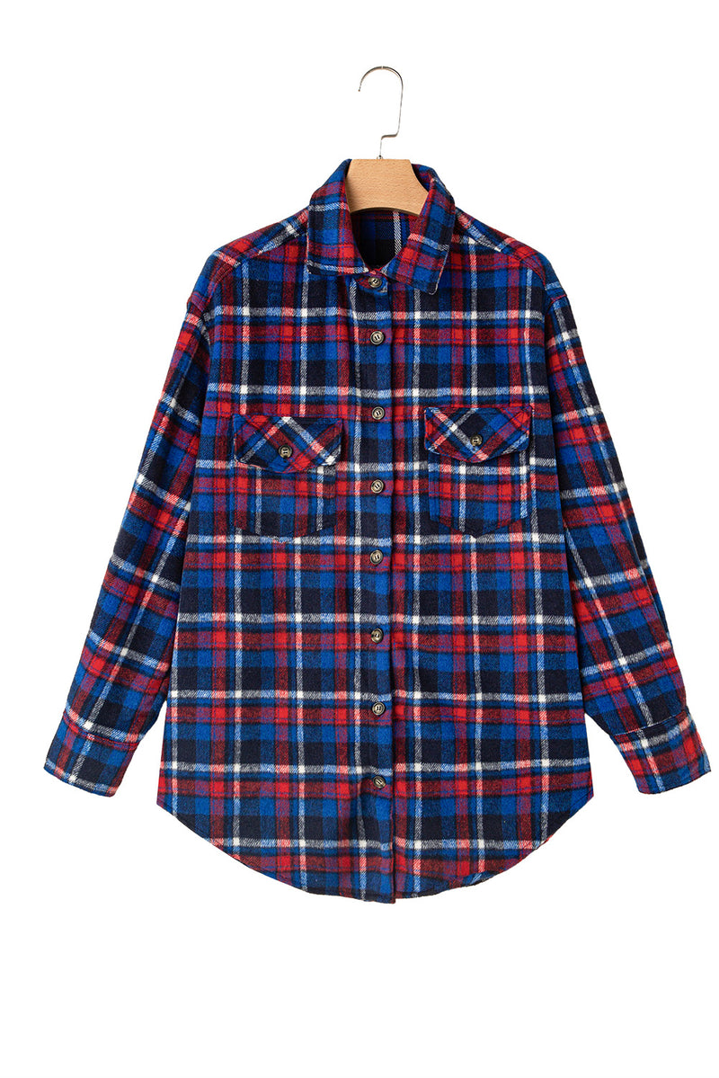 Navy Blue Plaid Flap Pocket Button Up Shacket