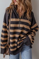 Green Striped Collared Quarter Zip Oversized Sweater