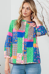 Multicolor Floral Patchwork Buttoned Puff Sleeve Shirt