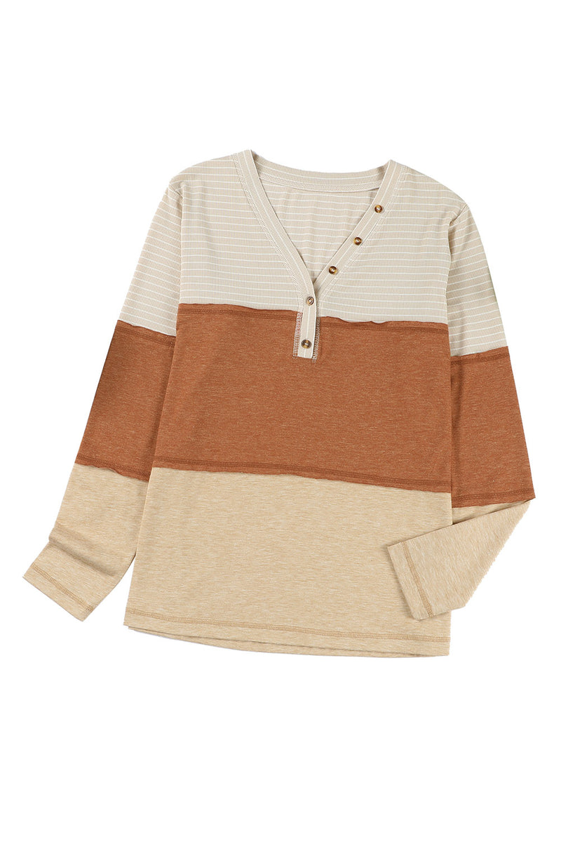 Orange Striped Color Block Casual V Neck Henley Top