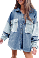 Dark Blue Patchwork Raw Hem Oversized Denim Shacket