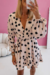 Beige Polka Dot Print Surplice V Neck Puff Sleeve Mini Dress