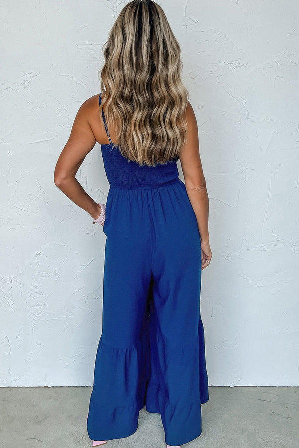 Navy Blue Spaghetti Straps Smocked Ruffled Wide Leg Jumpsuit