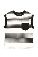 Black Stripe Chest Pocket Patch Round Neck Sleeveless Tee