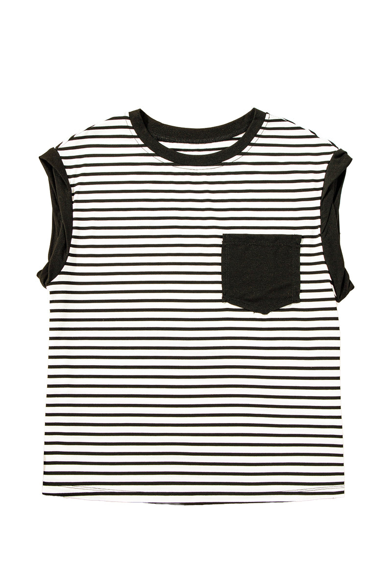 Black Stripe Chest Pocket Patch Round Neck Sleeveless Tee