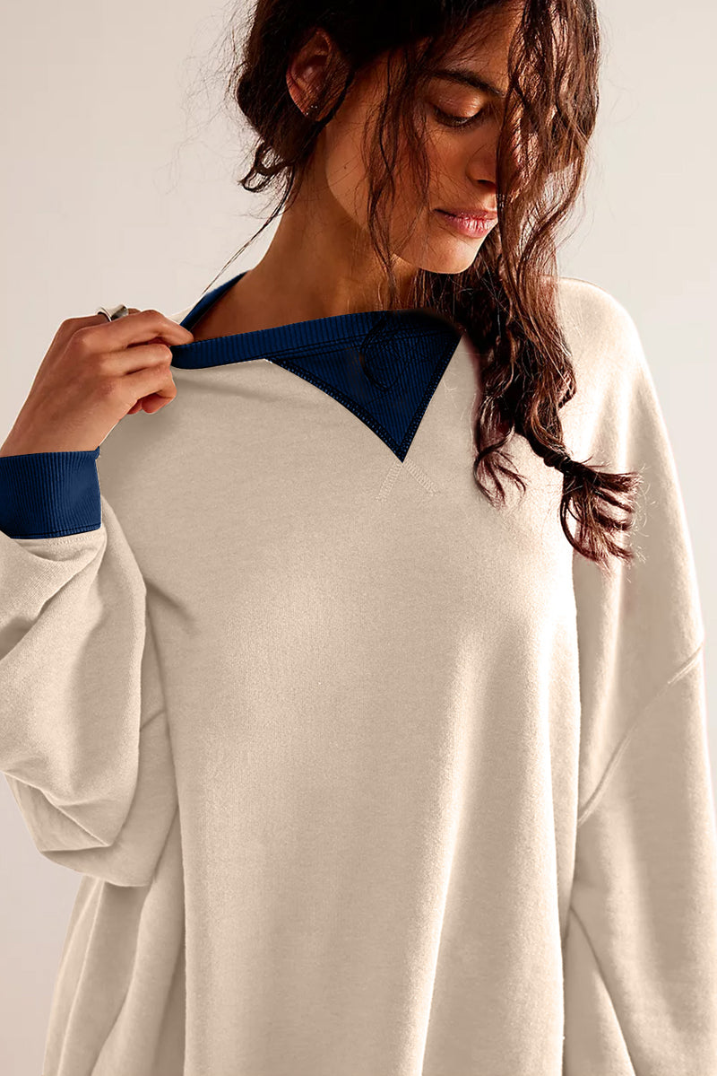 White Color Block Drop Shoulder Crewneck Oversized Sweatshirt