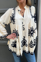 White Boho Print Button Bell Sleeve Ruffle Hem Blouse