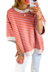 Multicolour Stripe Contrast Trim Drop Sleeve Loose Top