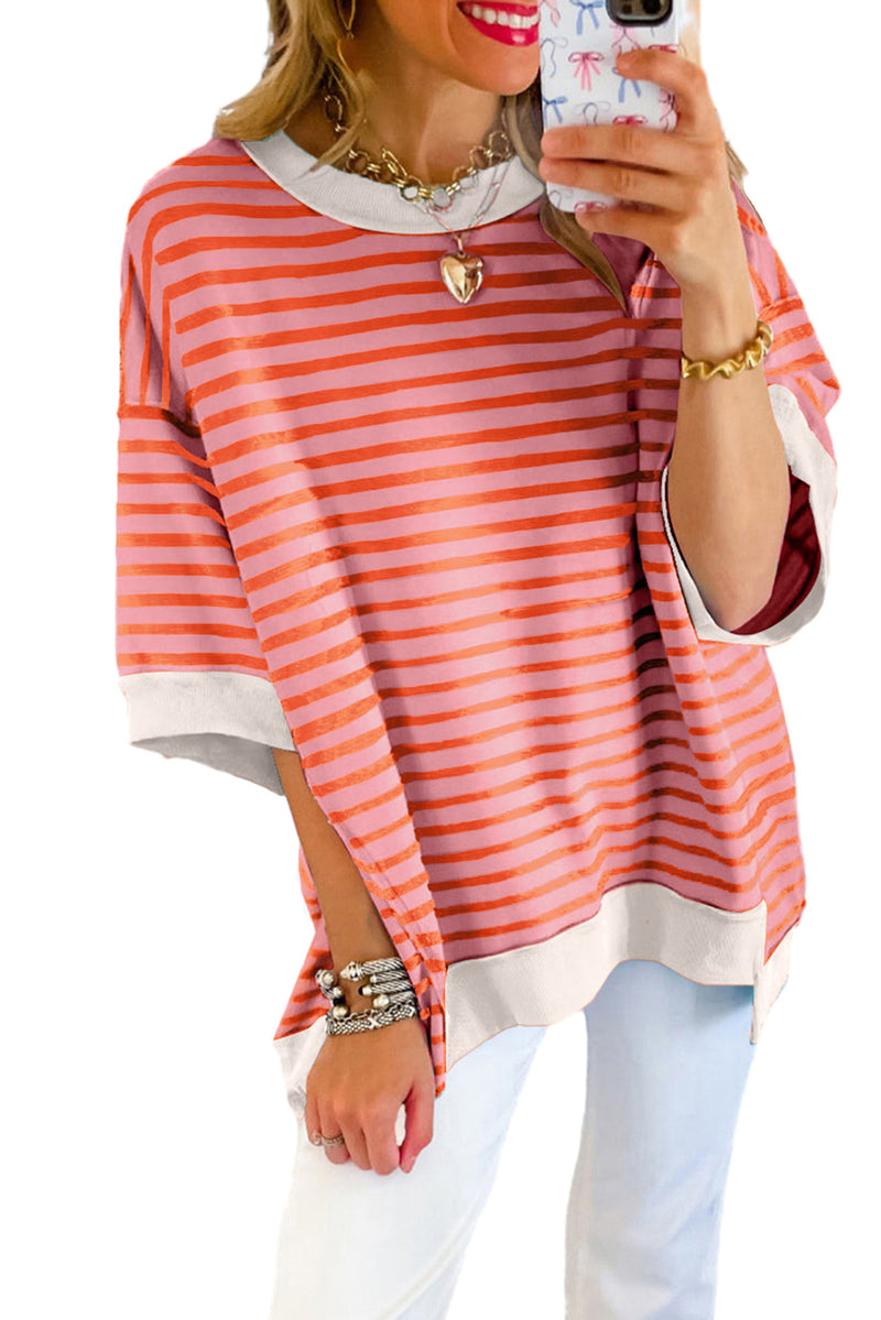 Multicolour Stripe Contrast Trim Drop Sleeve Loose Top