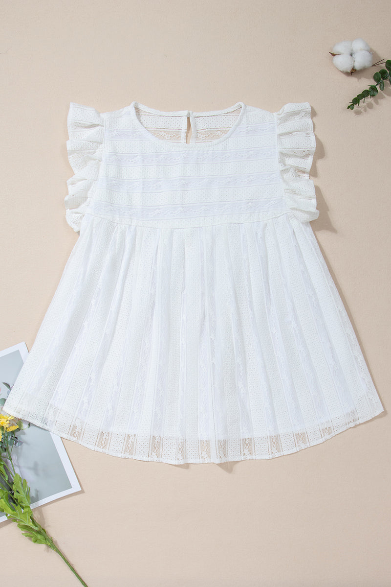 White Ruffled Lace Splicing Flowy Crewneck Sleeveless Shirt