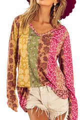 Multicolor Floral and Leopard Print Long Sleeve T Shirt