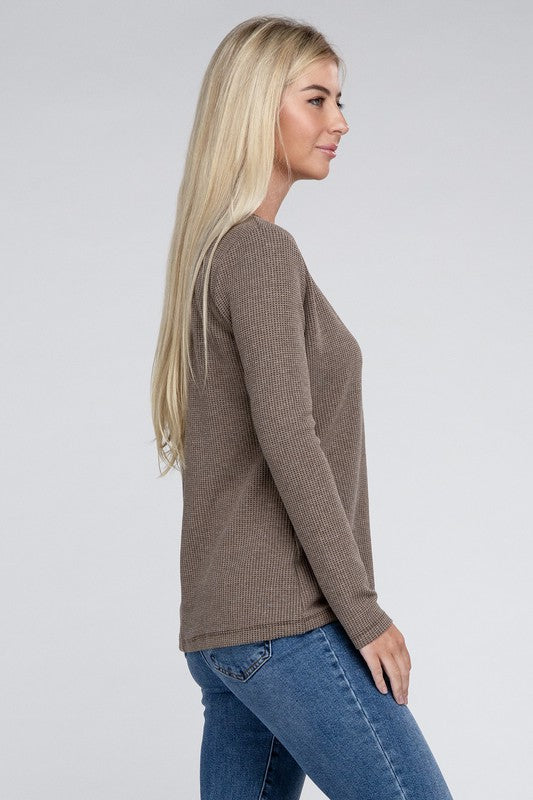 Melange Baby Waffle V-Neck Long Sleeve Top