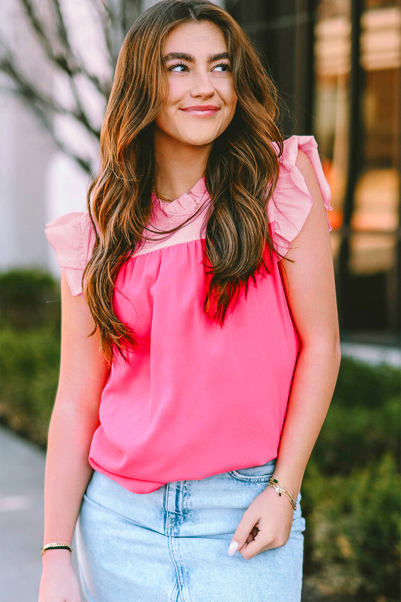 Orange Colorblock Splicing Pleated Ruffle Trim Blouse