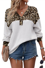 White Leopard Waffle Knit Patchwork Button V Neck Top