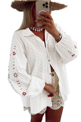 White Floral Embroidered Puff Sleeve Eyelet Patchwork Shirt