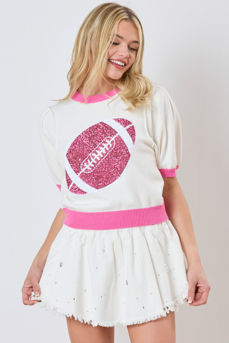 Pink Sequin Rugby Color Block Puff Sleeve Knit Top