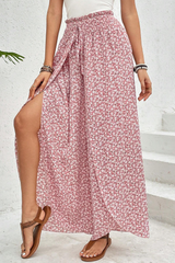 Pink Floral Shirred Side Slit Wide Leg Pants