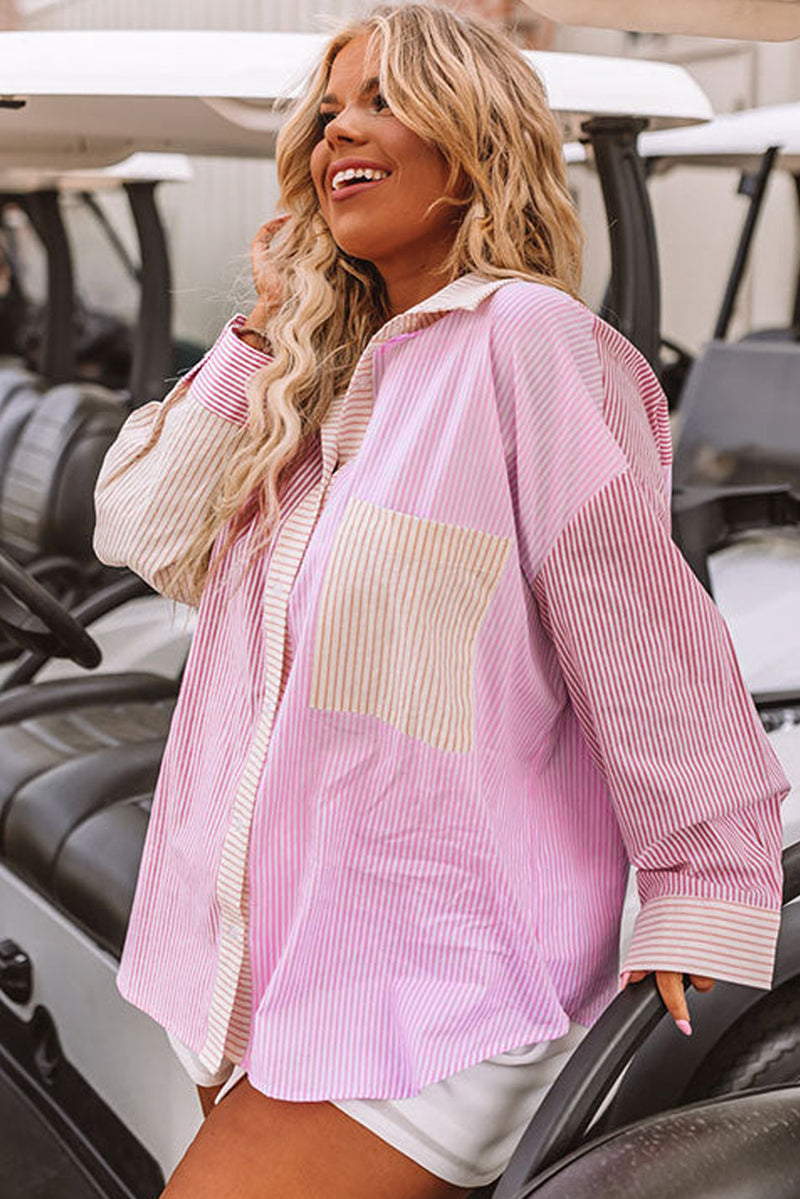 Pink Striped Patchwork Pocket Plus Size Shirt