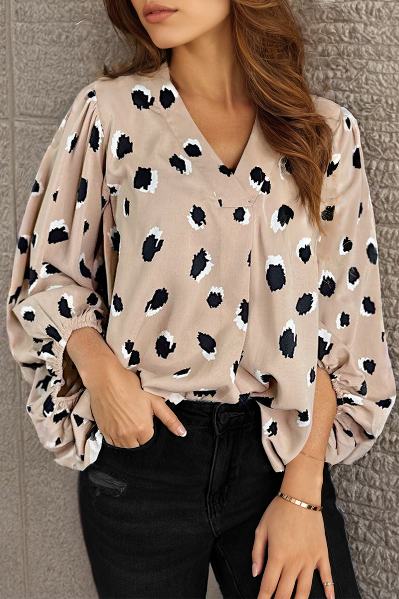 Khaki Leopard V Neck Bracelet Sleeve Blouse