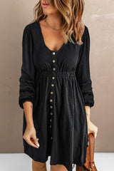 Dark Blue Casual Buttons Up Ruched Waist Short Dress