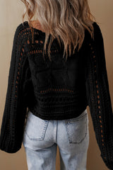 Black Hollow Out Cable Knit Cropped Sweater