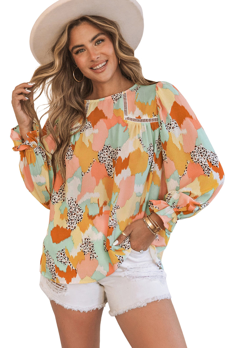 Multicolor Abstract Print Boho Ruffle Puff Sleeve Blouse