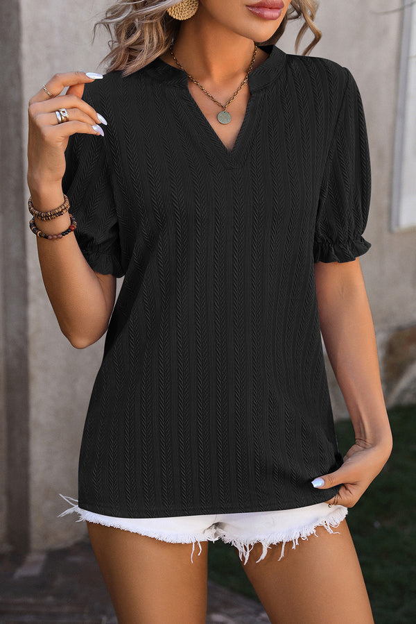 Black Textured Notched Neck Frill Puff Sleeve Blouse