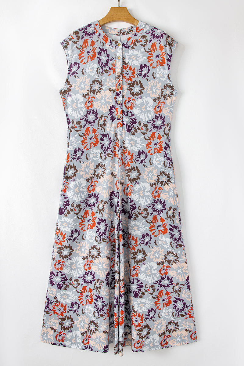 Sky Blue Floral Sleeveless Pocketed Wide Leg Jumpsuit