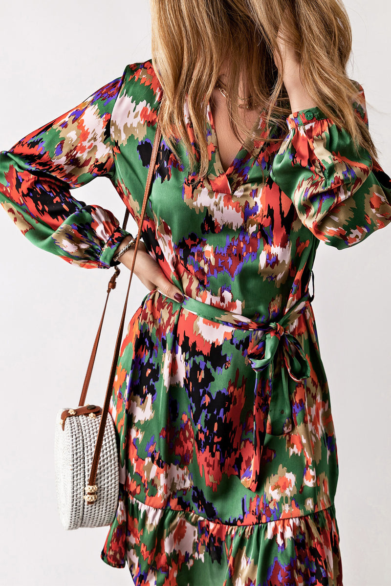 Abstract Print Waist Belted Flounce Hem Split V Neck Long Sleeve Dress