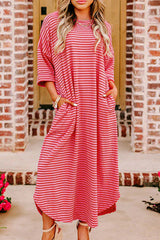 Strawberry Pink Striped Drop Sleeve Loose Dress