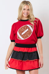 Red Sequin Rugby Color Block Puff Short Sleeve Sweater