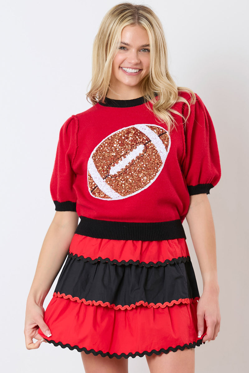 Red Sequin Rugby Color Block Puff Short Sleeve Sweater