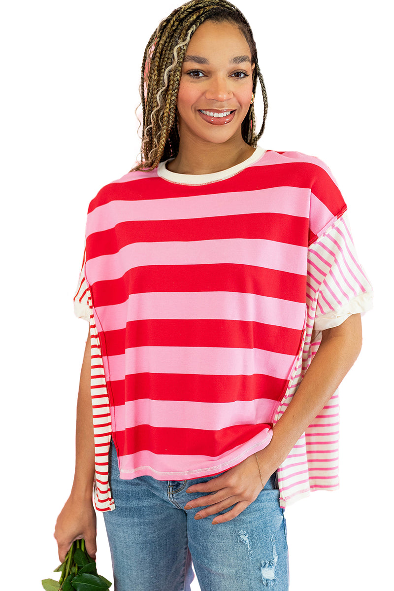 Pink Stripe Patchwork Side Split Loose T Shirt