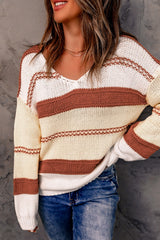 Red Colorblock Casual V Neck Knit Pullover Sweater