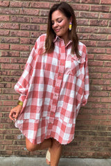 Pink Plaid Oversized Raw Hem Long Sleeve Dress