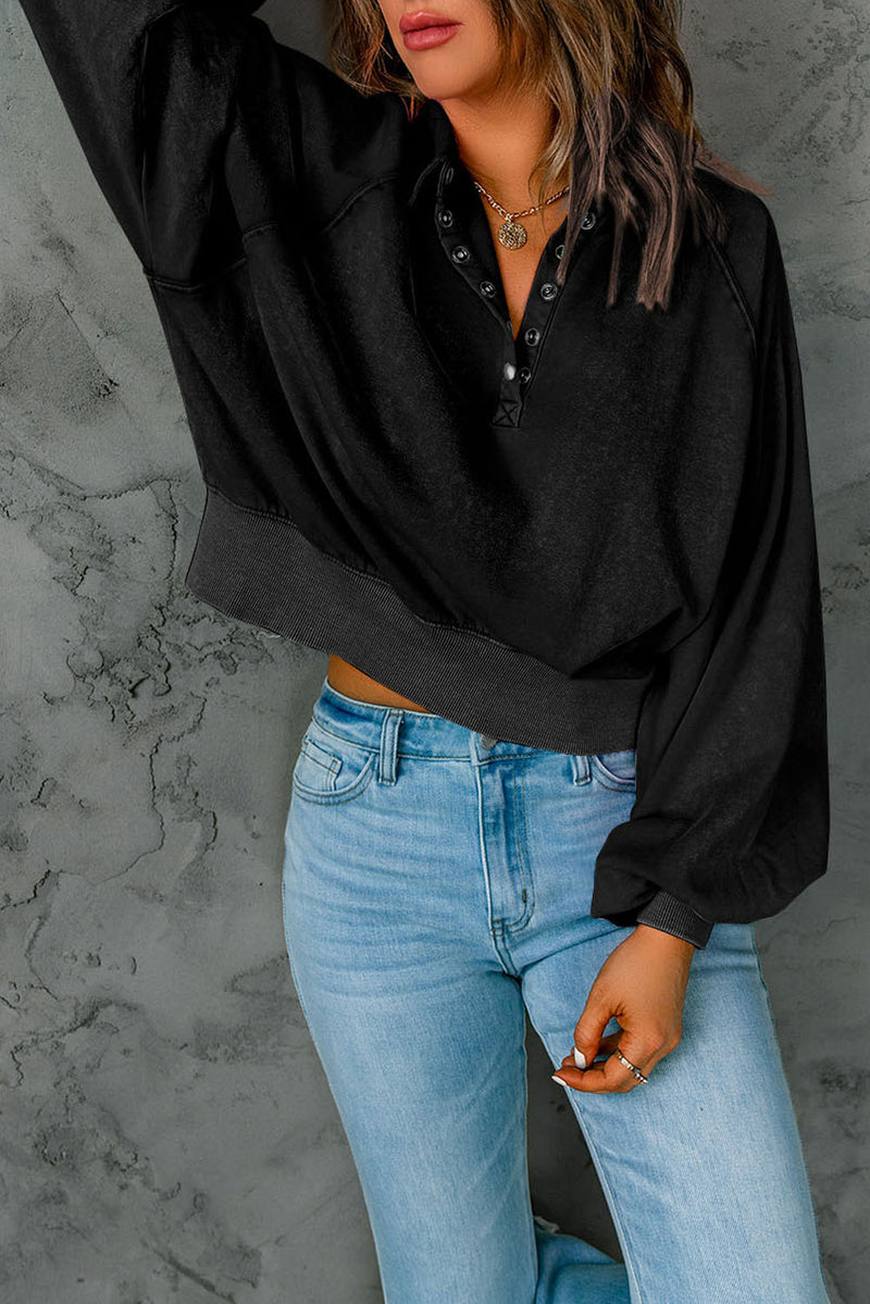 Black Snap Buttons Collared Balloon Sleeve Oversized Sweatshirt