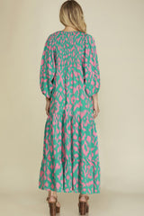 Green Abstract Print Puff Sleeve Smocked V Neck Maxi Dress